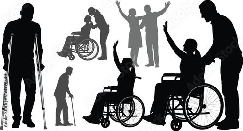 Diverse individuals embracing independence and support, showcasing resilience and community through silhouettes of mobility aids and connection.