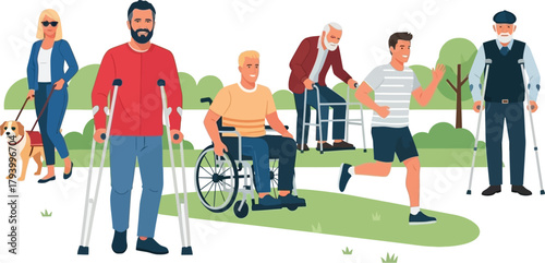 Diverse individuals embracing active lifestyles, showcasing inclusion and independence with mobility aids in a vibrant outdoor setting.
