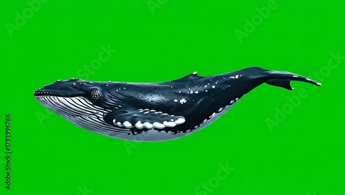 A majestic humpback whale gracefully swims against a vibrant green backdrop, showcasing its massive size and detailed textures, a symbol of ocean life