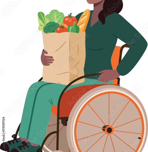 Empowered woman in wheelchair happily carries fresh groceries home, embracing independence and healthy living after shopping