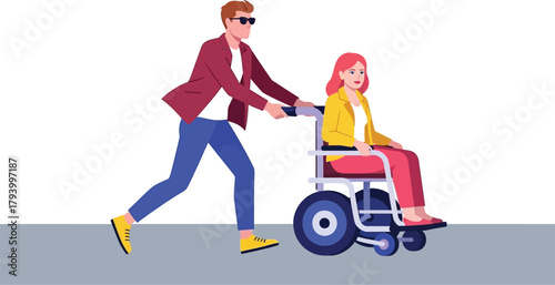 Caring man pushes woman in wheelchair, symbolizing support, inclusion, and accessibility for disabled individuals in modern society.