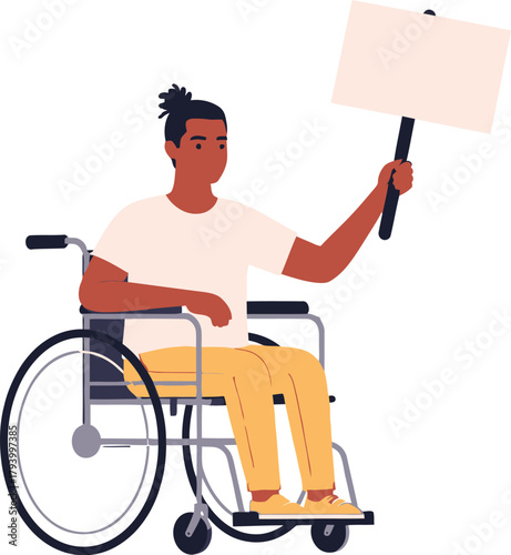 Empowered individual in wheelchair holds blank sign, advocating for change and expressing individuality with confidence and purpose.