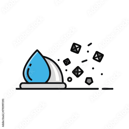 A minimalist vector illustration depicts a water drop falling onto a surface, causing a splash and the dispersal of small, cube-shaped particles.