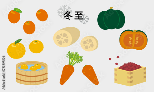 冬至イラストセット|ゆず・金柑・レンコン・かぼちゃ・小豆・人参/教育向け素材/Winter solstice illustration set
