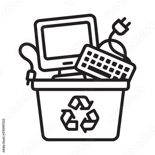 Computer and cables in electronic waste icon