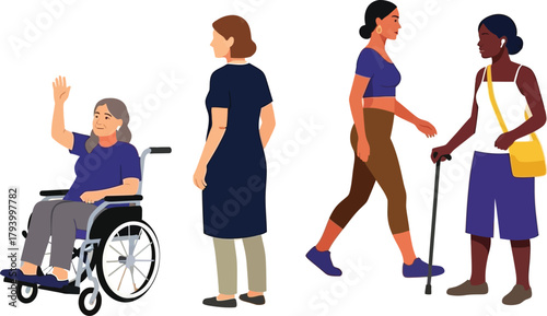 Diverse women embracing life's journeys, from a cheerful wheelchair user to active individuals, celebrating inclusivity and connection in everyday moments.