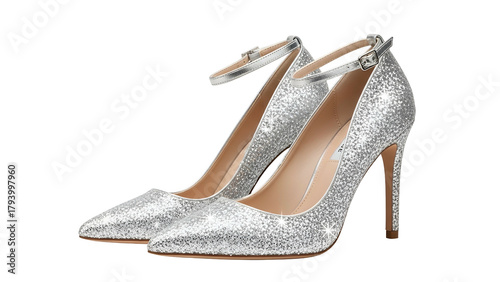 Pair of sparkling silver high heeled shoes with ankle straps displayed against a black background