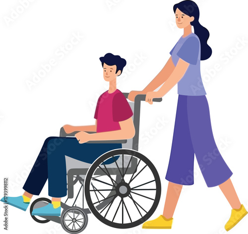 Caring woman pushes man in wheelchair, symbolizing support, independence, and community care in a modern, hopeful scene.
