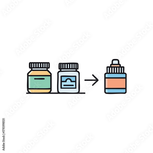 A simple illustration shows the progression from pills in bottles to liquid medication in a dropper bottle, representing a change in medication form.