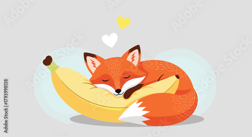 A sweet fox is sleeping peacefully on a banana with hearts above its head.