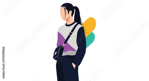 A young woman with a ponytail and a crossbody bag carries skateboards over her shoulder.