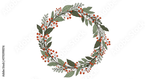 Elegant evergreen wreath with red berries and muted green leaves adorning a circular frame for festive decor.