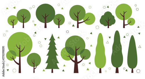 A collection of diverse green trees in various sizes and shapes used for nature illustration and design elements.