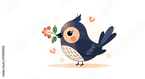 A charming little bird carries a delicate branch with berries and hearts floating around it.