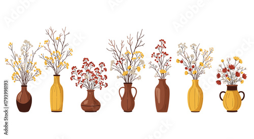 A collection of colorful wildflowers arranged in various unique ceramic vases.