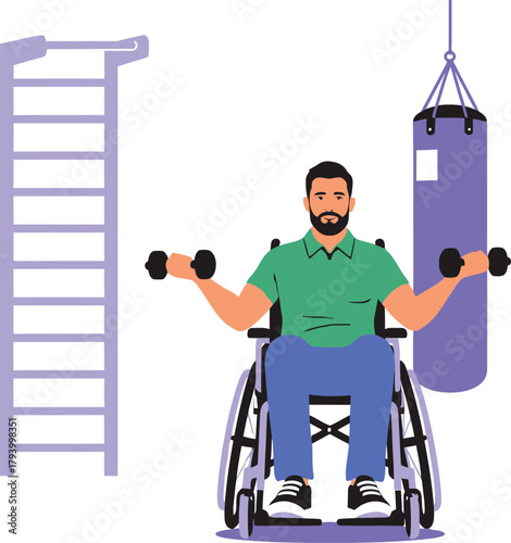 Determined man in wheelchair actively lifting dumbbells for strength training in a modern gym setting, showing resilience and fitness achievement.