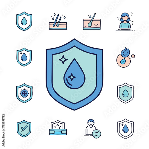 Collection of vector icons representing skin hydration, protection, and moisture retention, ideal for skincare, beauty, and health-related designs and infographics.