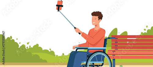 Joyful man in wheelchair captures park moment with selfie stick, embracing outdoor freedom and connection