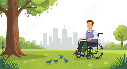 Man in wheelchair enjoying a peaceful park day with birds, city skyline in background, symbolizing inclusion and urban nature connection