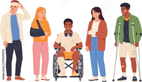 Diverse individuals recovering from injuries, showcasing resilience and hope with bandages, casts, and crutches