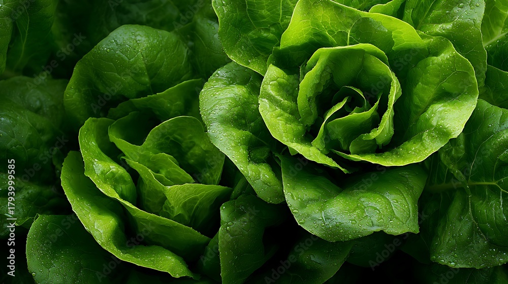 Fototapeta premium Fresh Green Romaine Lettuce Close-up with Water Droplets Detail