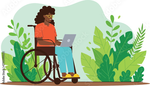 Empowered woman in wheelchair working on laptop surrounded by vibrant nature, embracing inclusivity and modern accessibility