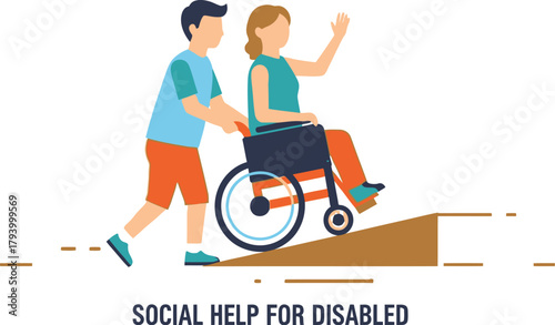 Empathetic individual assists person in wheelchair up ramp demonstrating care and inclusion for accessibility needs.