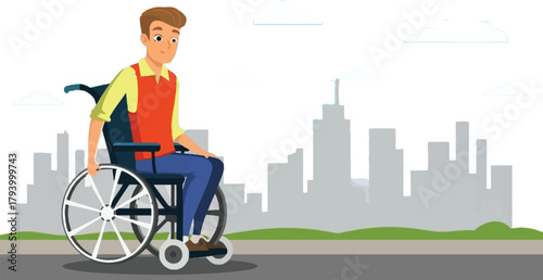 Smiling young man in wheelchair enjoying a sunny day with city skyline backdrop, representing independence and urban accessibility