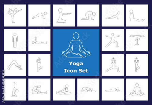 An elegant vector line icon set featuring various Yoga Poses (Asanas), Meditation, and Wellness concepts. Includes classic postures like the Tree Pose, Warrior, Lotus, and Downward Dog. The thin line 