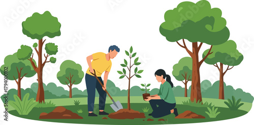 Couple happily planting a young tree together in a lush green park, fostering nature and community spirit for a sustainable future