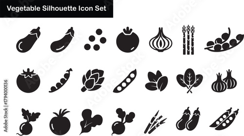 Vegetable Silhouette Icon Set Vector Illustration of Various Veggies