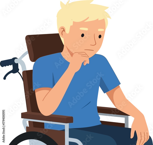 Pensive young man with blonde hair sits thoughtfully in a wheelchair, contemplating challenges and seeking solutions in a bright, clean studio setting.