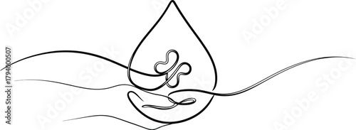 Elegant single line art depicts caring hands cradling a precious water drop symbolizing donation and life-giving support