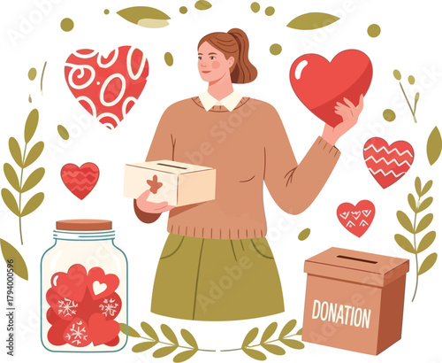 Woman generously donating to charity with hearts and collection boxes symbolizing kindness and support for good causes