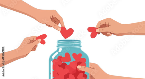 Generous hands contribute red hearts to a glass jar, symbolizing love, charity, and community spirit.