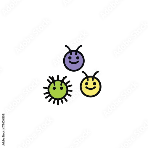 A cheerful illustration of three cartoon germs, one purple, one green, and one yellow, all with smiling faces, on a clean white background, perfect for educational materials.