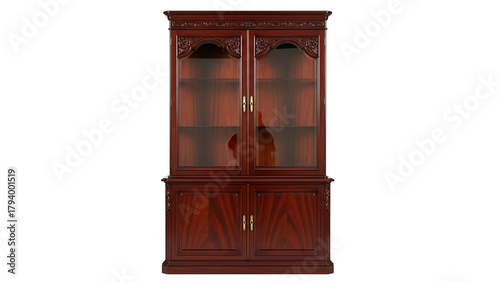 Ornate wooden china cabinet with glass display doors stands isolated against a dark background