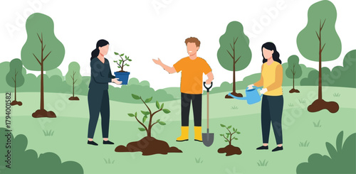 Teamwork blossoms as diverse people plant trees together in a vibrant, eco-friendly park celebrating nature and community growth