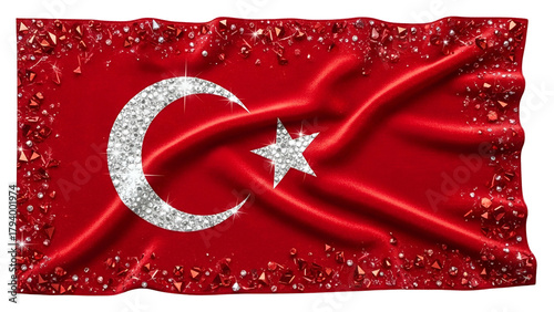 National banner fabric displays brilliant gemstone embellishments waving against a dark background