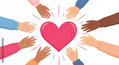 Diverse hands reaching towards a glowing heart symbolizing unity, love, and community support for a brighter future
