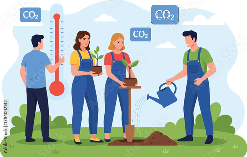 Team plants trees to combat rising CO2 and global warming, fostering a greener planet with care and collaboration