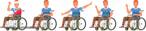 Young man recovering from injury demonstrating different poses and gestures while seated in a wheelchair, showing resilience and progress