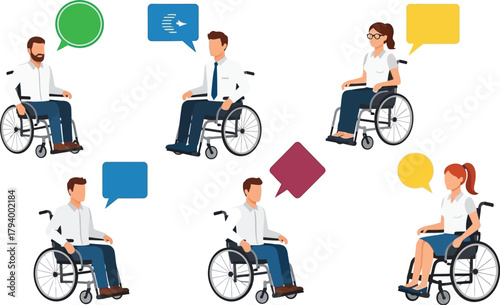 Diverse group of people in wheelchairs actively communicating and sharing ideas, promoting inclusion and collaboration in modern workplaces.