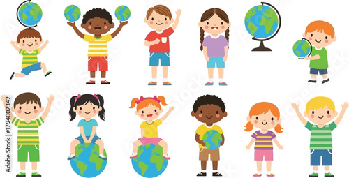 Vibrant diverse children joyfully interacting with globes symbolizing global awareness and education for a brighter future