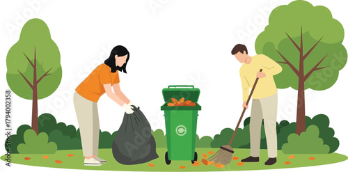 Dedicated couple diligently cleans park yard, raking leaves into bin, fostering community pride and environmental care