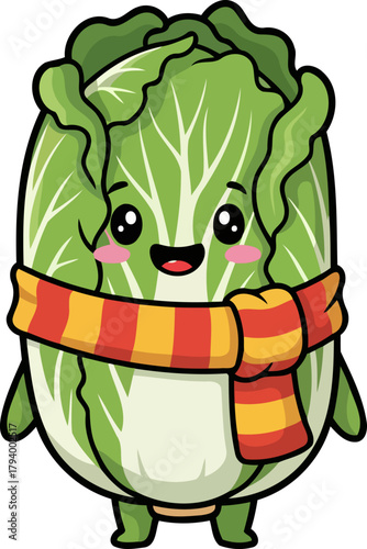 adorable winter cabbage mascot embraces comfort with its warm striped scarf, isolated on transparent background