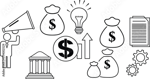 Finance icons set, economic symbols, business growth, money bag, bank building, gears, light bulb, chart, vector illustration, flat