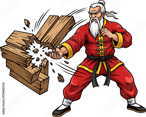 aged sensei demonstrates unyielding power, shattering obstacles with disciplined fist, isolated on transparent background