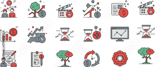 Finance icons, business growth, productivity tools, time management, flat vector, economic strategy, analytics symbols, red theme, infographic elements