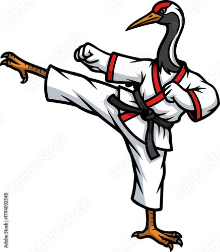agile crane sensei unleashes a striking kick, embodying discipline and martial prowess, isolated on transparent background
